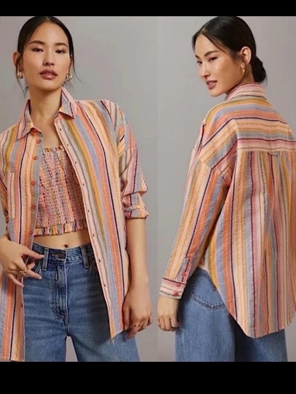 Pilcro Metallic Thread Boyfriend Blouse Boho Oversized Striped Shirt Coastal